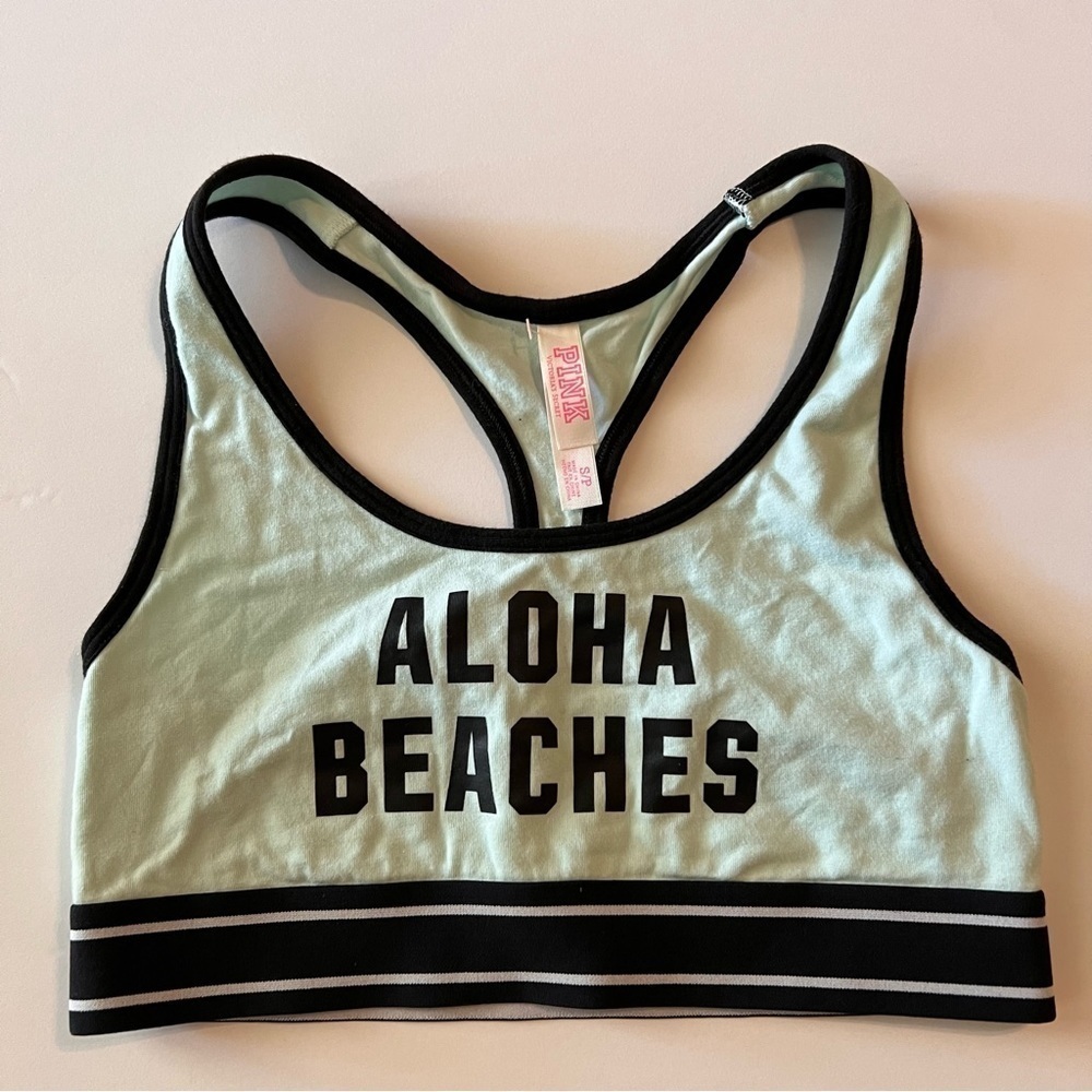 Victoria Secret Sports Bra Tank Crop Top Printed Aloha Beaches Logo Small Mint